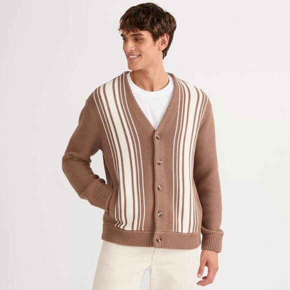 Lands' End Men's XL Warm Tawny Brown LS Vertical Stripe Cotton Blend Cardigan - Picture 2 of 16